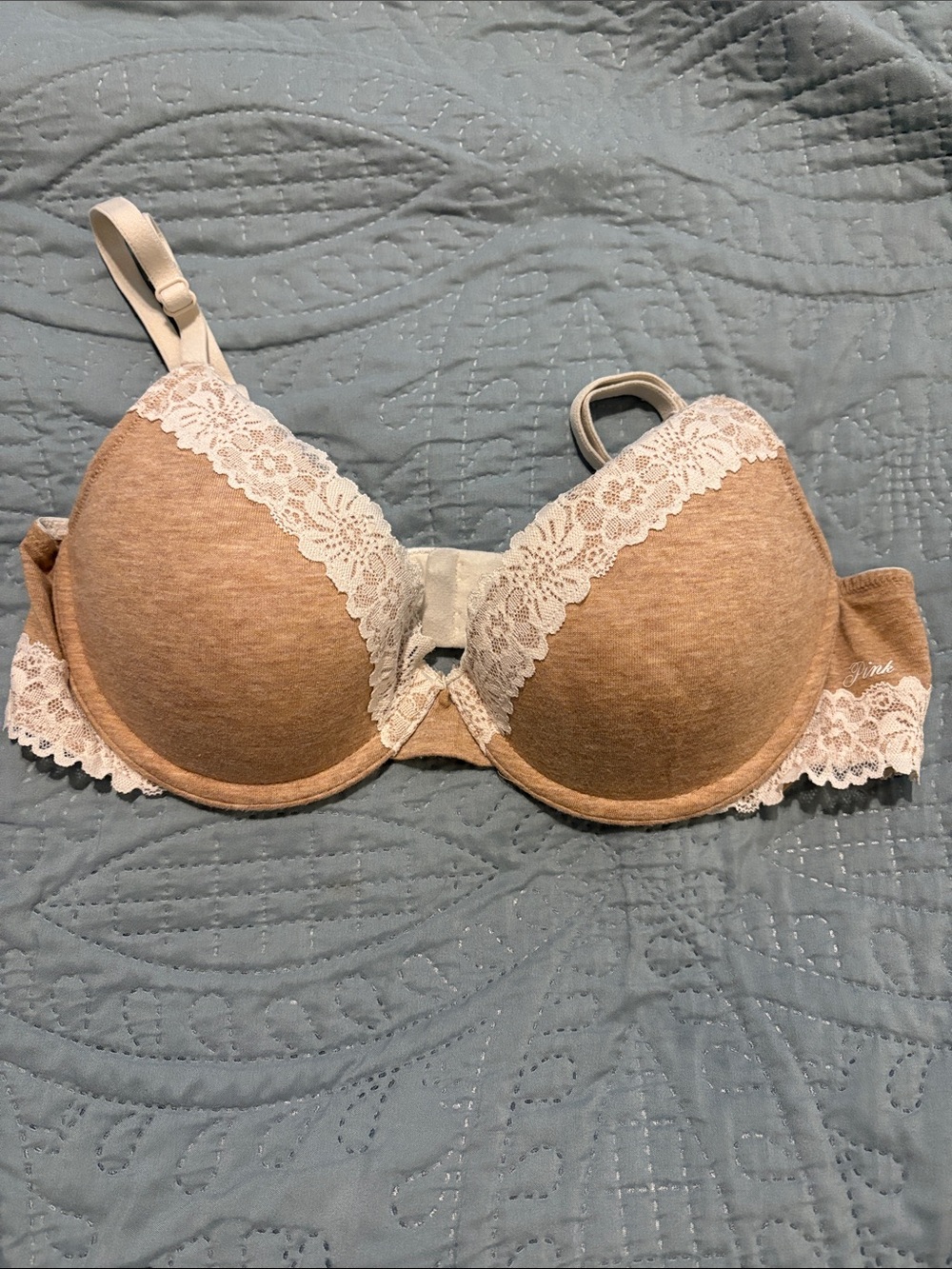 PINK Victoria’s Secret Heather Taupe Lace-Trim T-Shirt Bra 34B